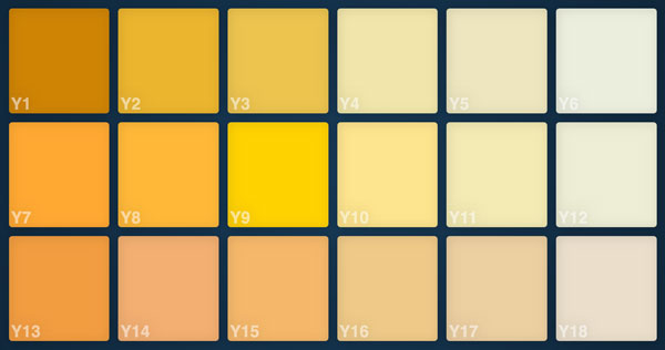 A sample from the colour chart, showing yellow colour tiles.